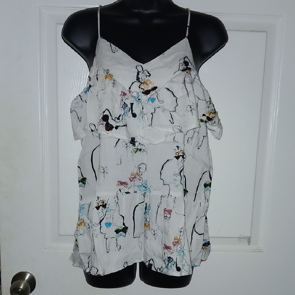 Doe & Rae Stylish White Printed Ruffle Top